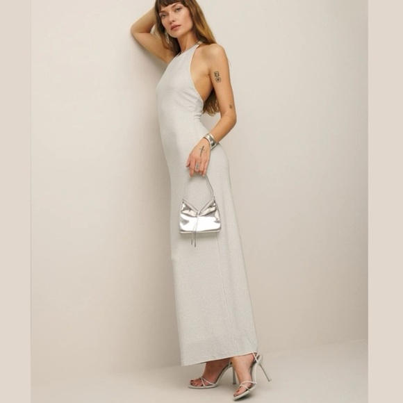 Reformation Selene Knit Dress in Silver Sparklr L Halter Neck Open Back NWT - Picture 1 of 12